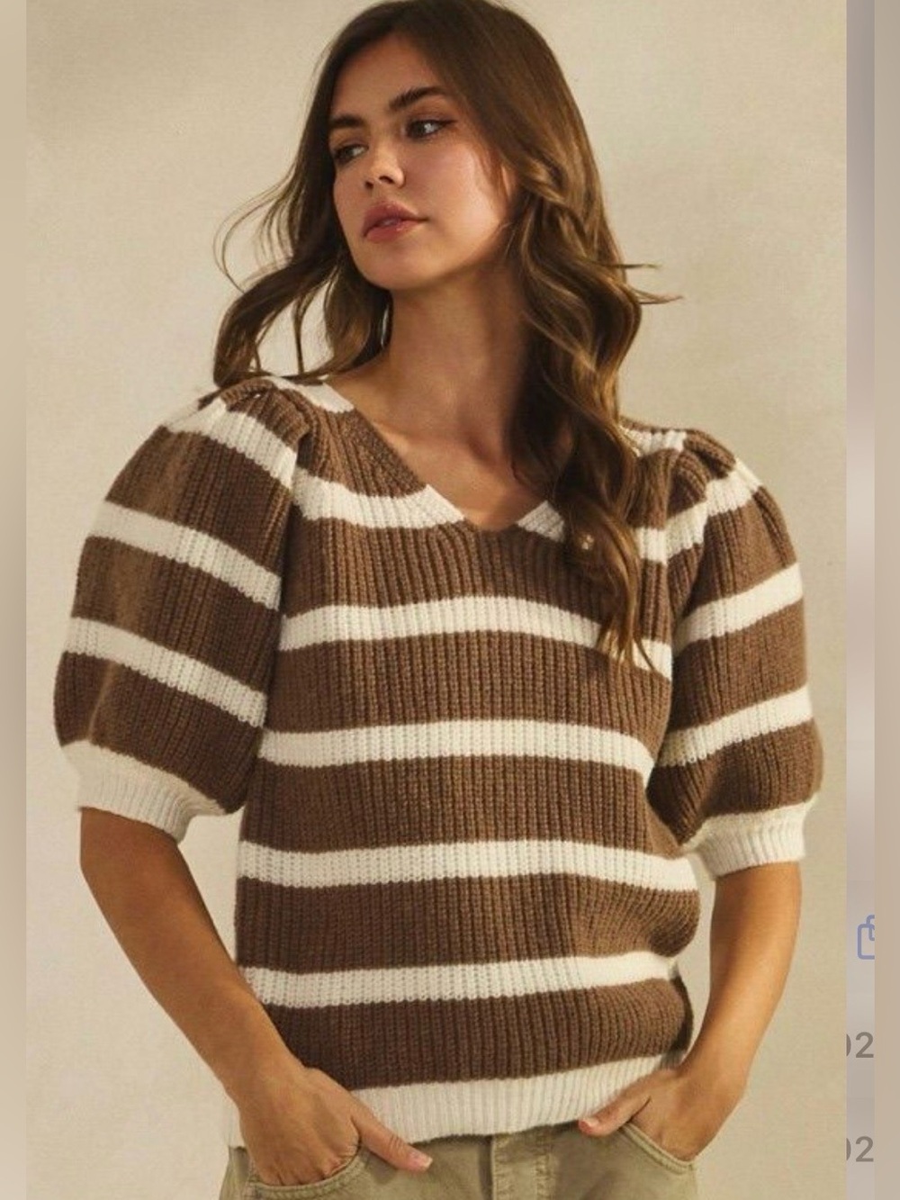 Striped Puff Sleeve V-Neck Sweater - Brown & Cream New Small